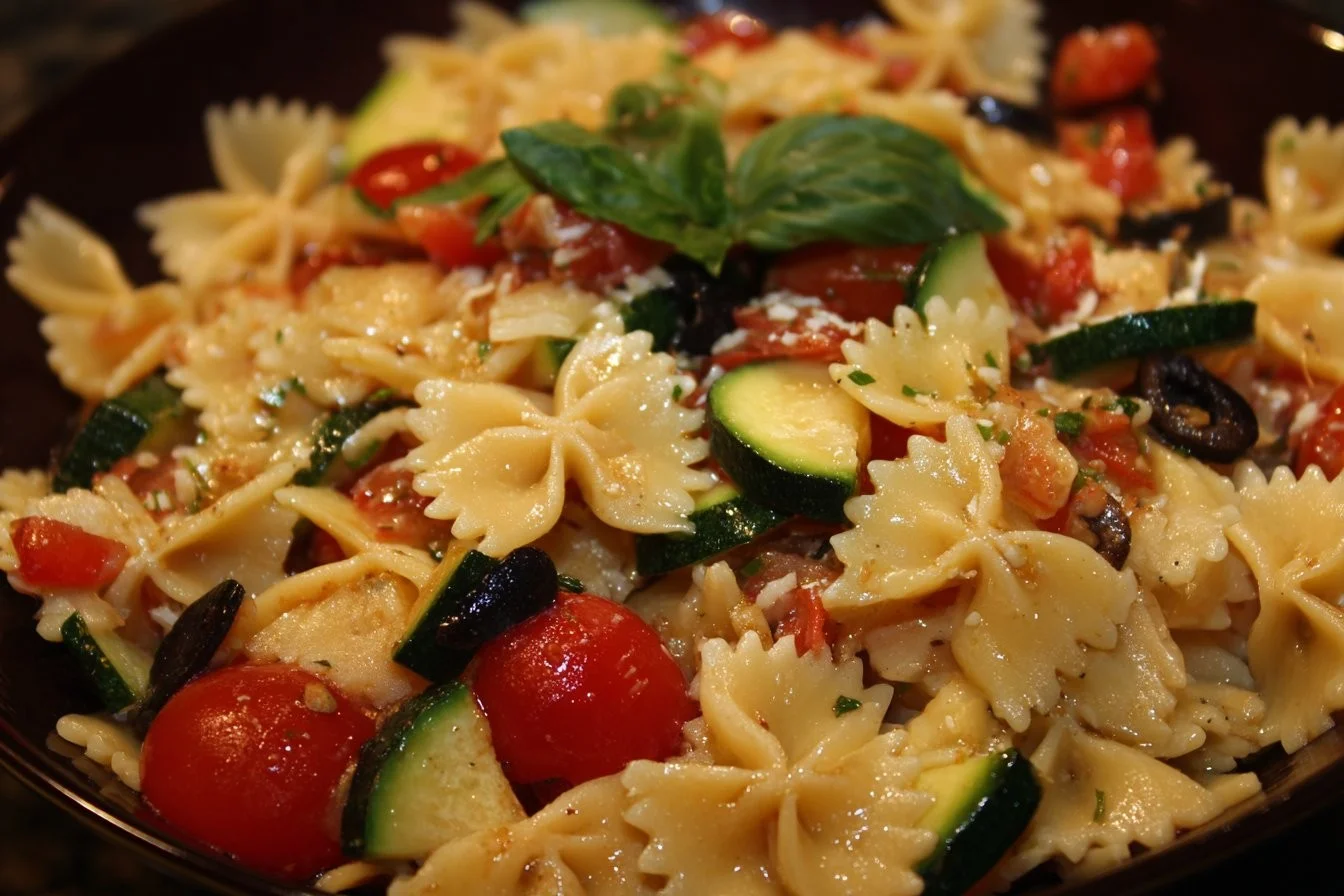 A colorful and fresh pasta salad with vegetables and dressing in a bowl