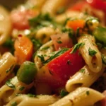 Colorful pasta salad with vegetables and dressing in a bowl