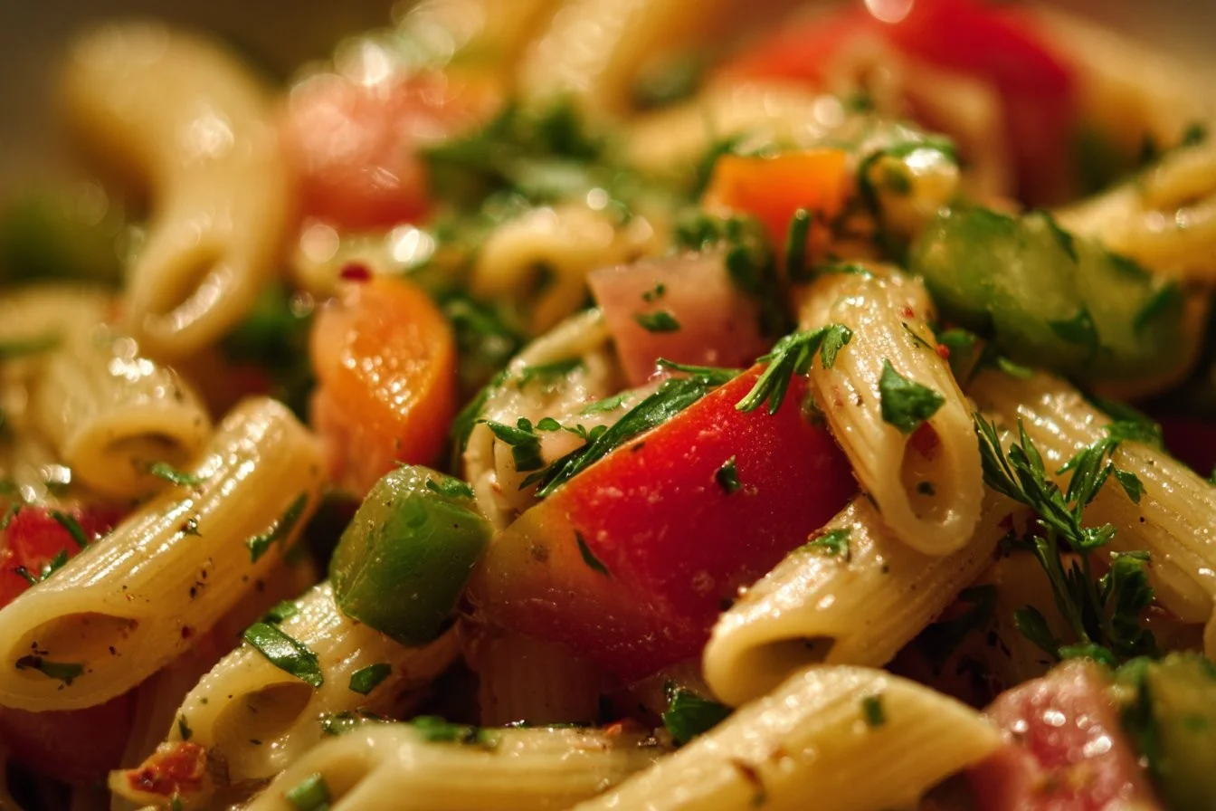 Colorful pasta salad with vegetables and dressing in a bowl