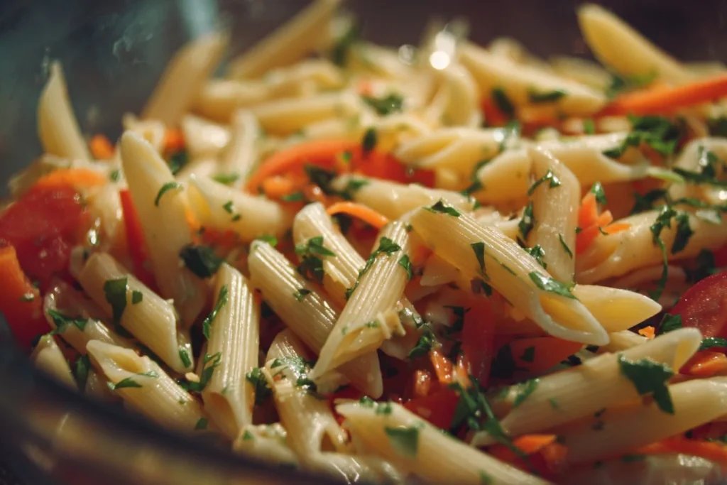 Colorful pasta salad with Italian dressing, veggies, and garnishes.