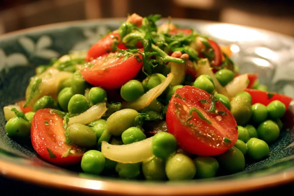 A vibrant and healthy pea salad with fresh ingredients in a bowl