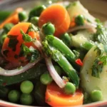 Fresh and vibrant pea salad served in a bowl, garnished with herbs