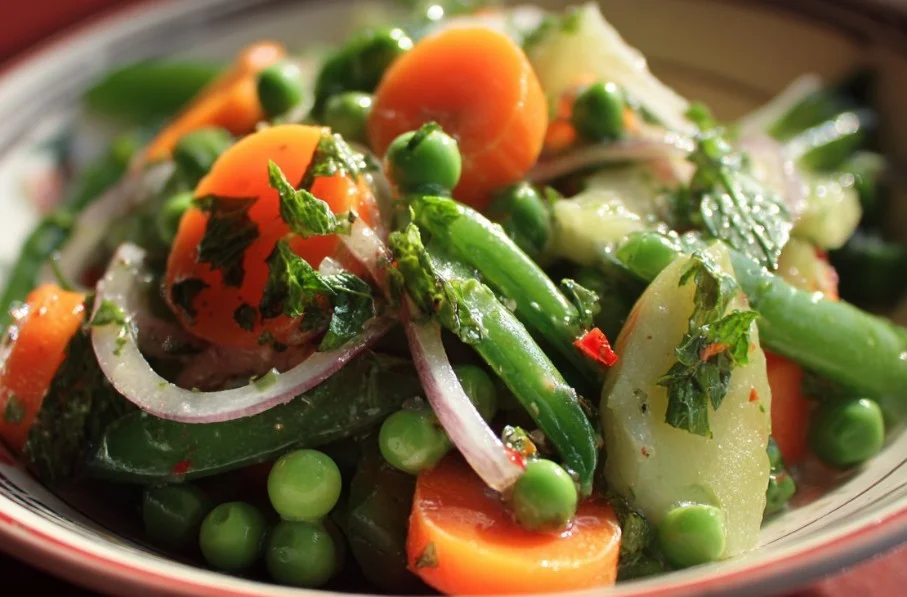 Fresh and vibrant pea salad served in a bowl, garnished with herbs