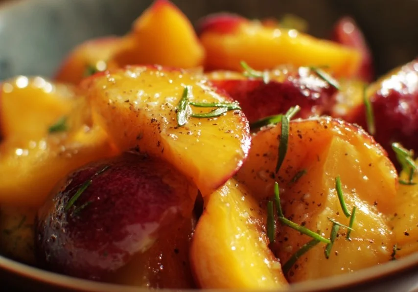 Fresh peach salad with greens and dressing, a summer favorite