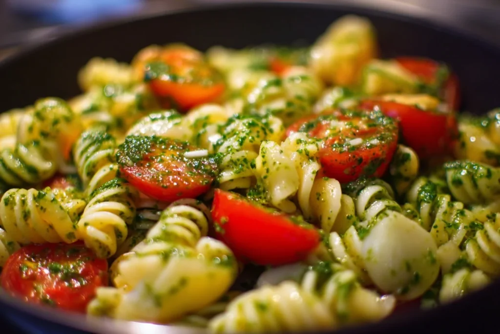 Colorful pesto pasta salad with fresh vegetables and herbs