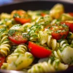 Colorful pesto pasta salad with fresh vegetables and herbs