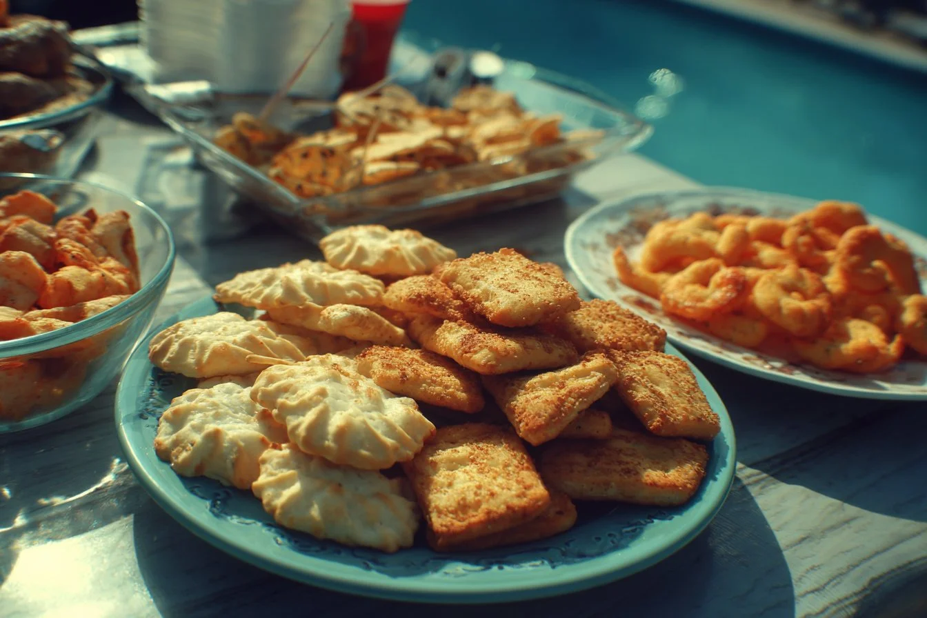 assorted pool party snacks including chips, fruits, and dips