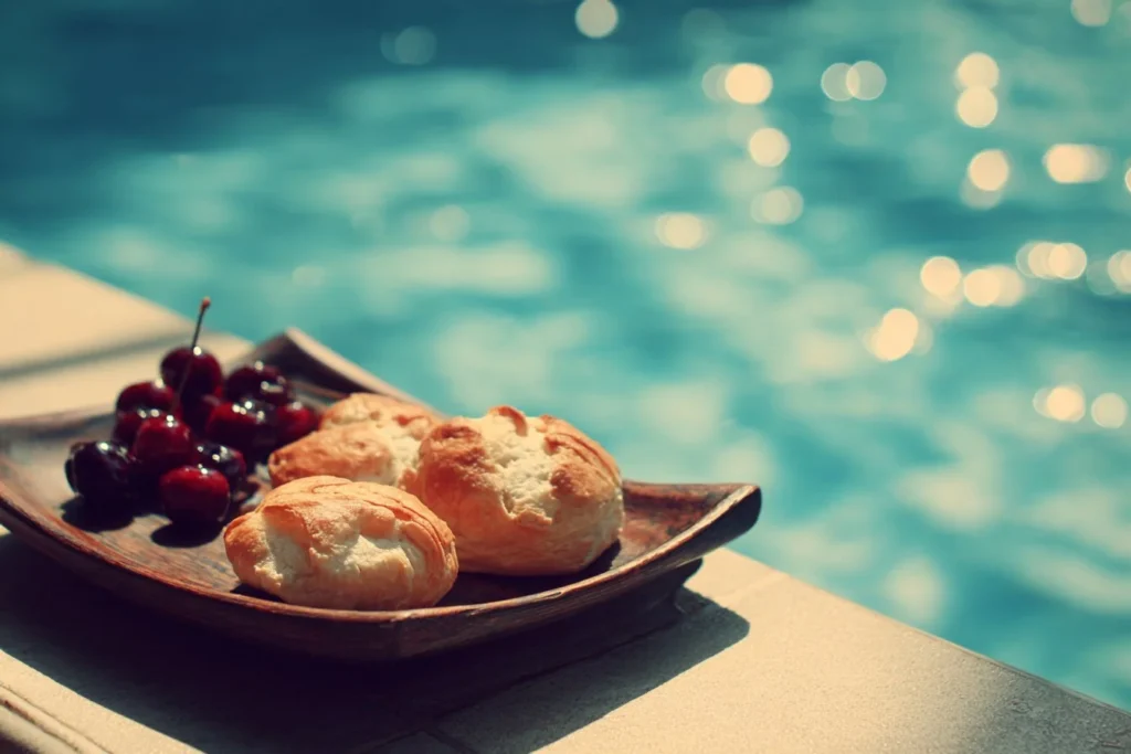 Colorful assortment of tasty pool snacks in a sunny outdoor setting