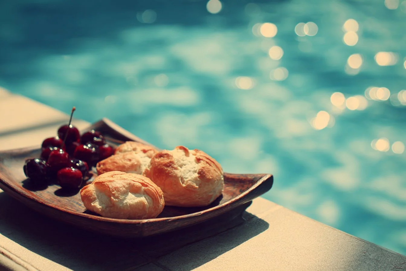 Colorful assortment of tasty pool snacks in a sunny outdoor setting