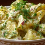 Delicious homemade potato salad in a bowl with fresh herbs