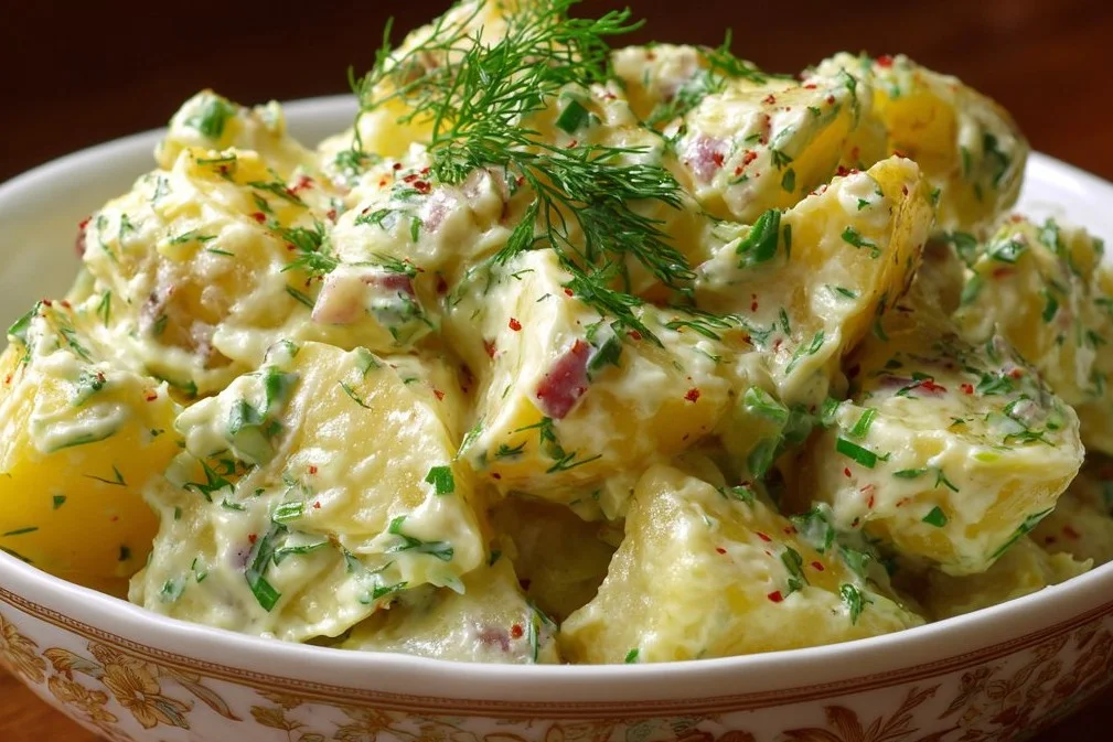 Delicious homemade potato salad in a bowl with fresh herbs