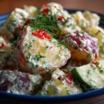 Delicious creamy potato salad garnished with herbs and spices