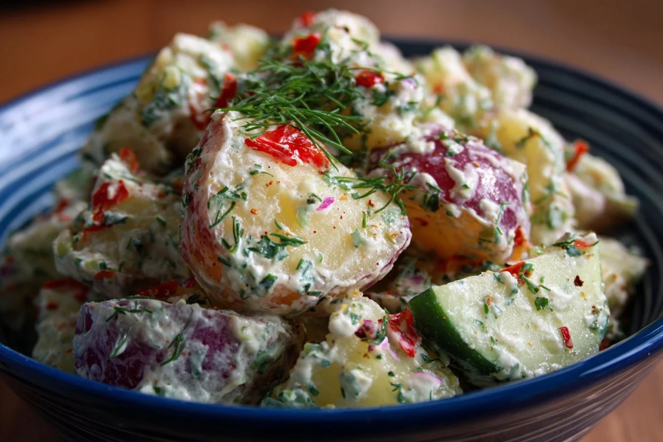 Delicious creamy potato salad garnished with herbs and spices
