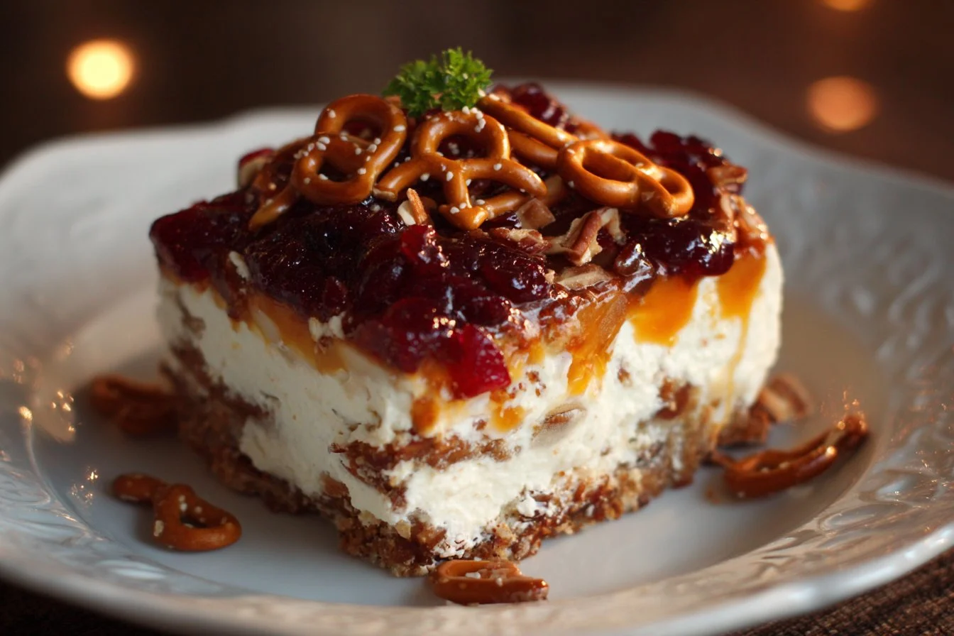 Delicious pretzel salad in a bowl with whipped topping and fruit garnish.