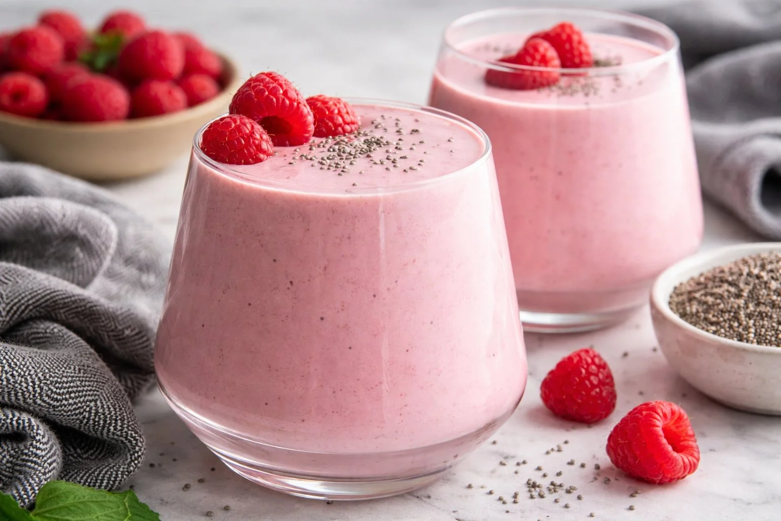 Colorful protein smoothies in a glass with fruits and protein powder.