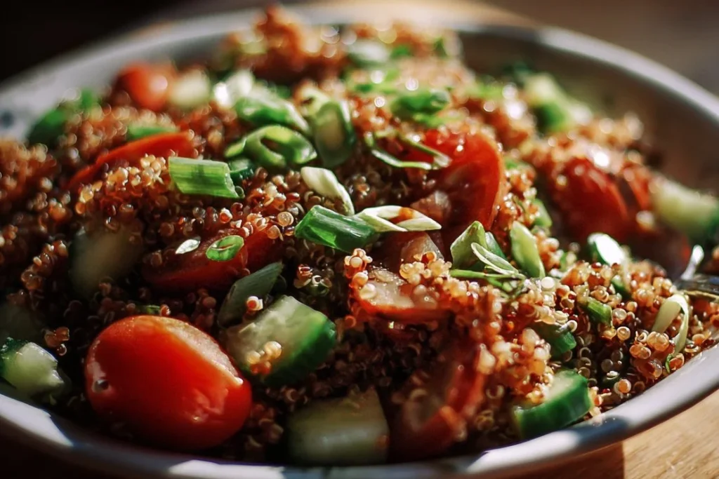 Colorful quinoa salad with fresh vegetables and dressing