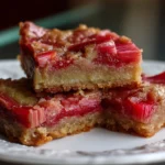 Slice of homemade rhubarb bars on a plate with fresh rhubarb beside it