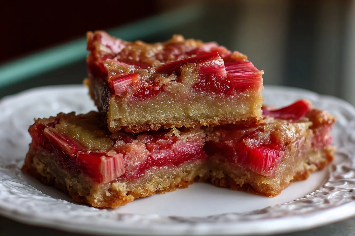 Slice of homemade rhubarb bars on a plate with fresh rhubarb beside it