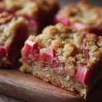 Deliciously baked rhubarb bars on a plate garnished with mint leaves.