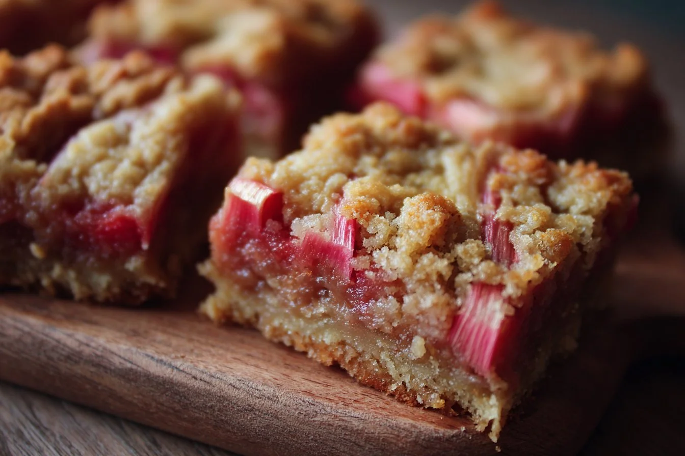 Deliciously baked rhubarb bars on a plate garnished with mint leaves.