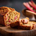 Loaf of freshly baked rhubarb bread with a slice taken out