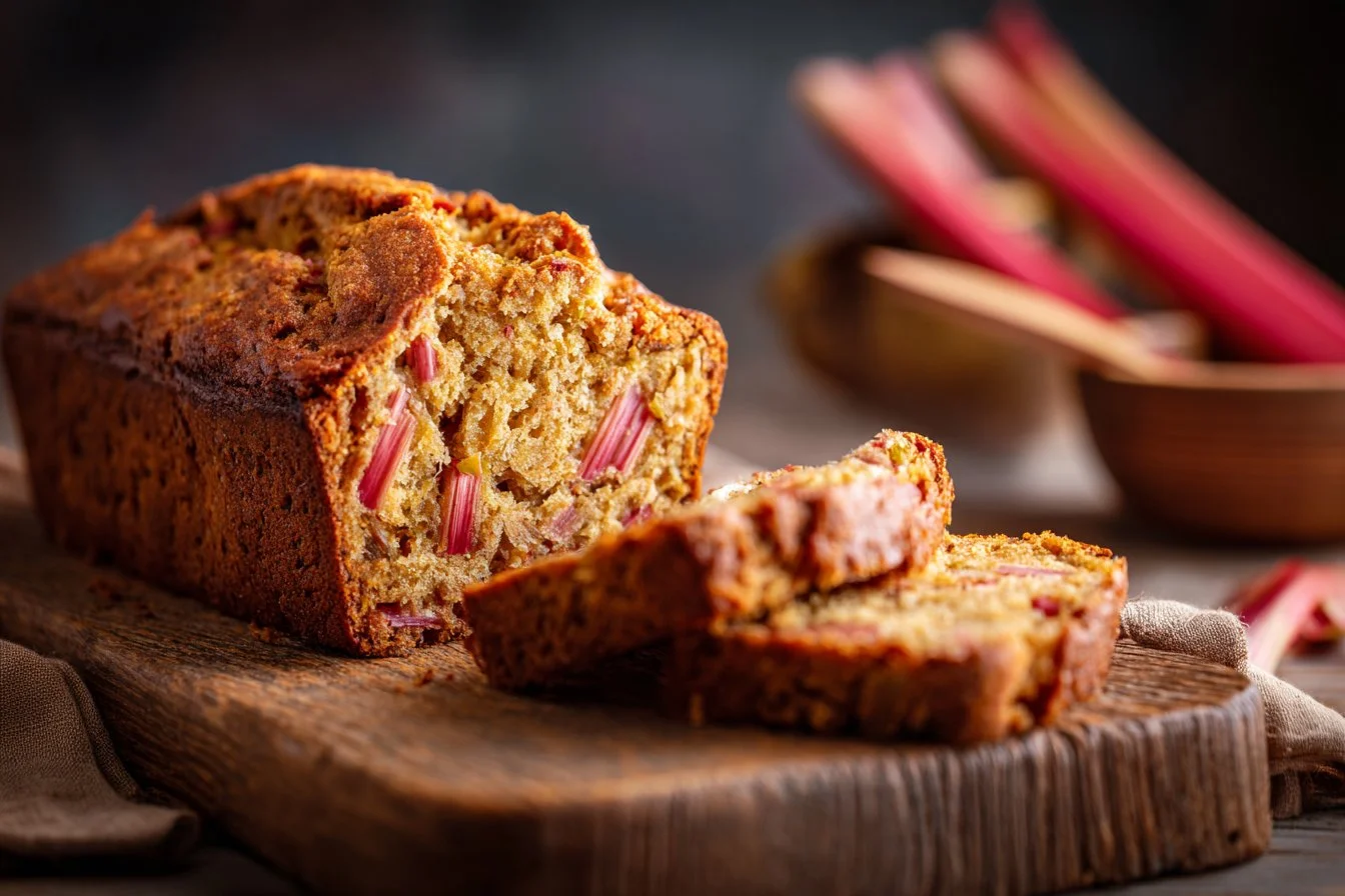 Loaf of freshly baked rhubarb bread with a slice taken out