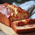 Freshly baked rhubarb bread with a golden crust and colorful rhubarb chunks.