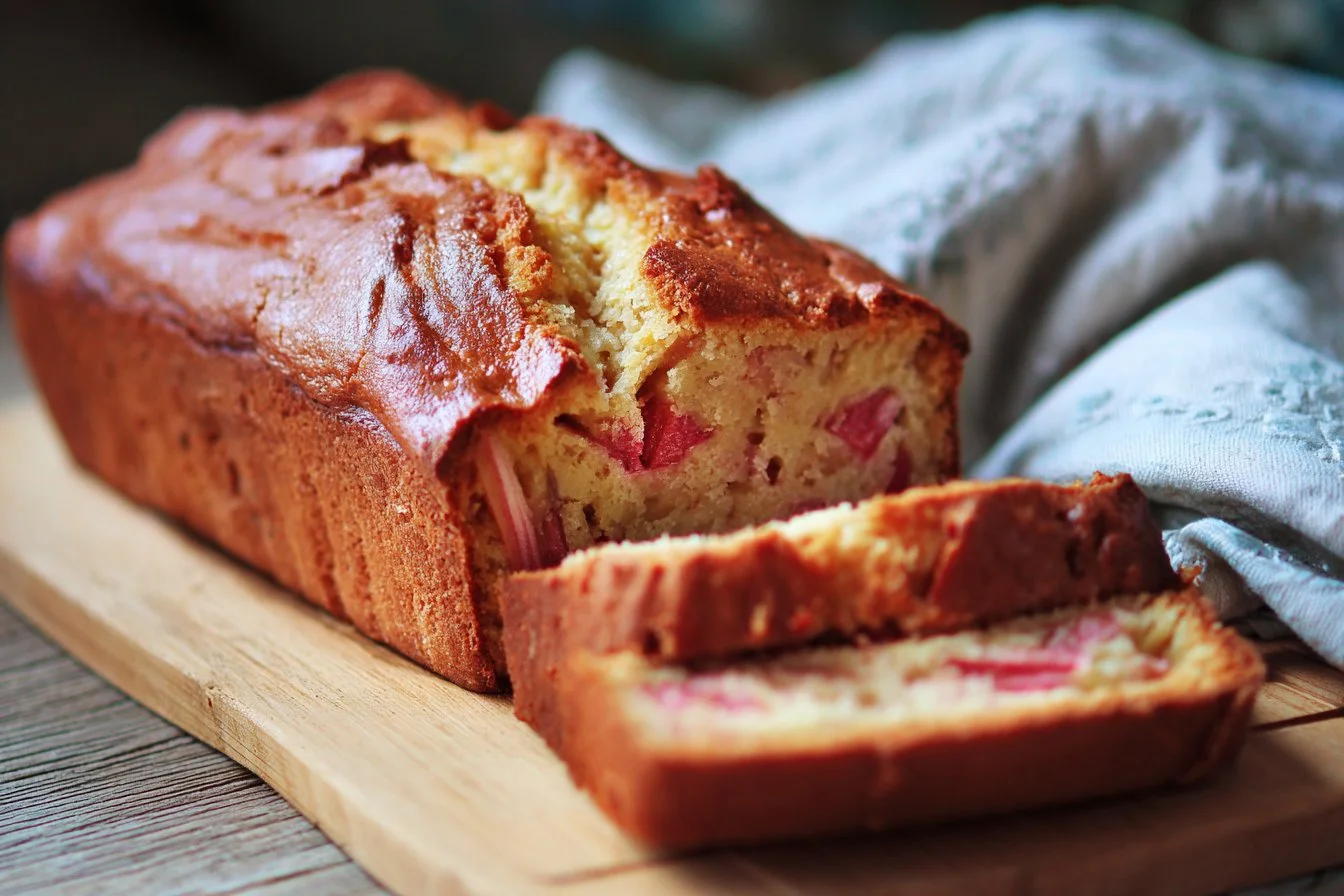 Freshly baked rhubarb bread with a golden crust and colorful rhubarb chunks.