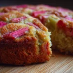 Delicious homemade Rhubarb Cake with fresh rhubarb and frosting.