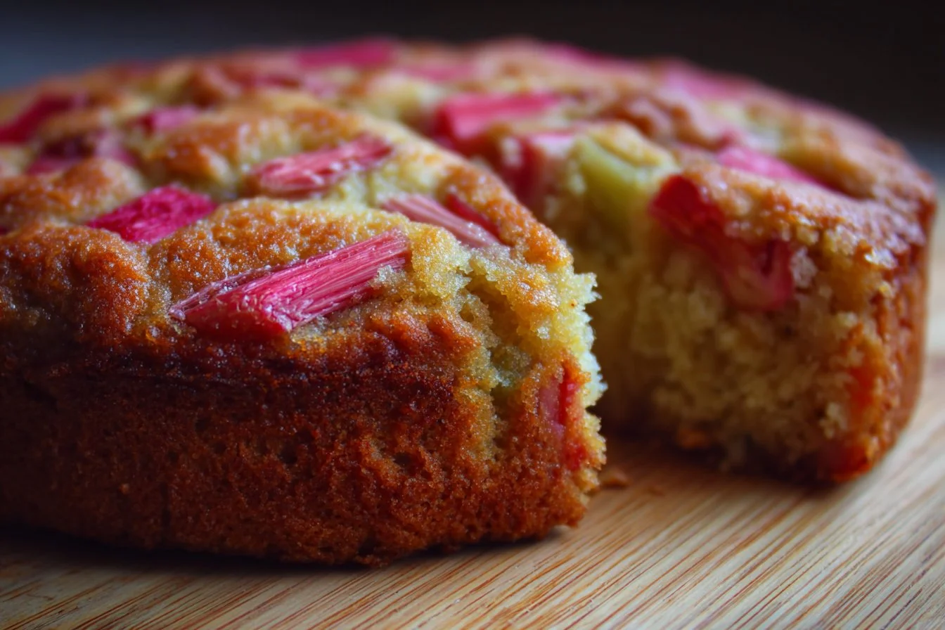 Delicious homemade Rhubarb Cake with fresh rhubarb and frosting.