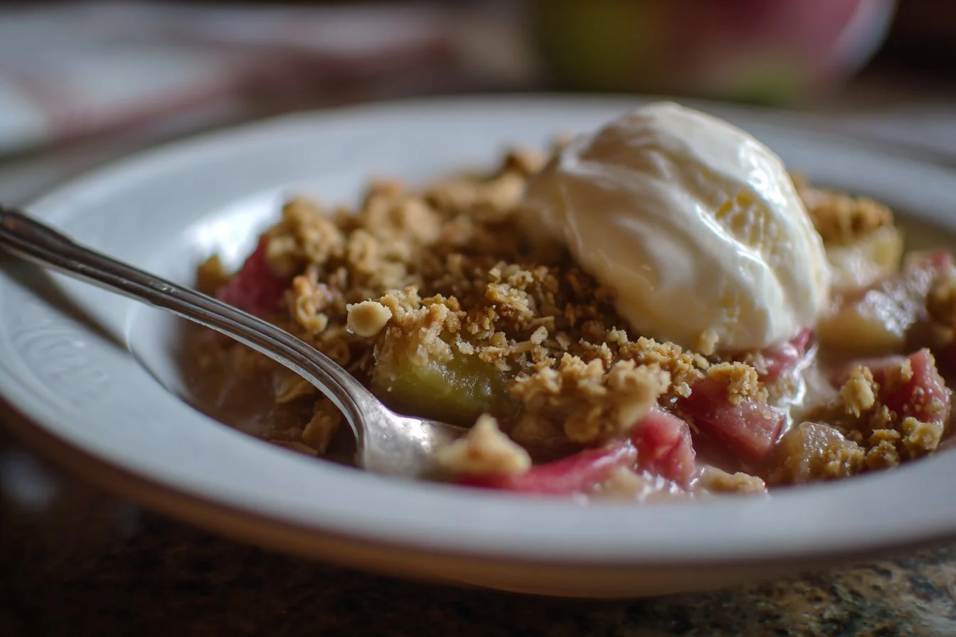 Delicious rhubarb crisp dessert served in a bowl.