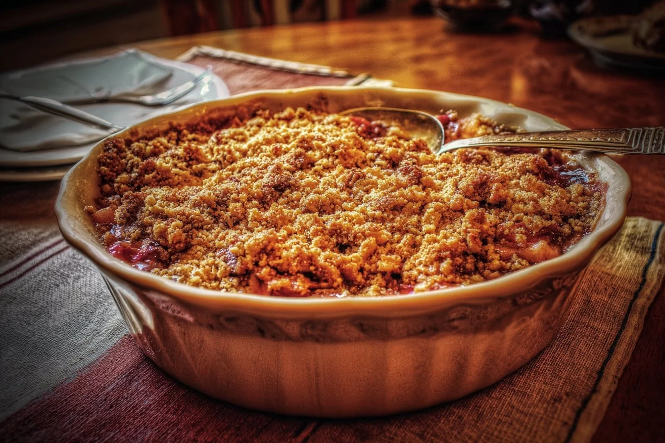 Delicious rhubarb crisp with a crunchy topping served in a bowl