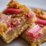 Delicious rhubarb custard bars served on a white plate with a fork.
