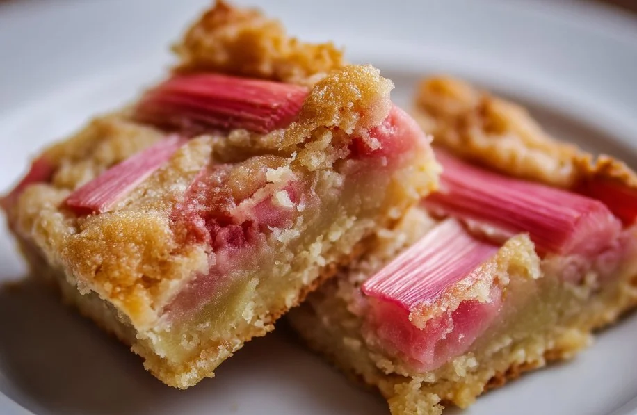 Delicious rhubarb custard bars served on a white plate with a fork.