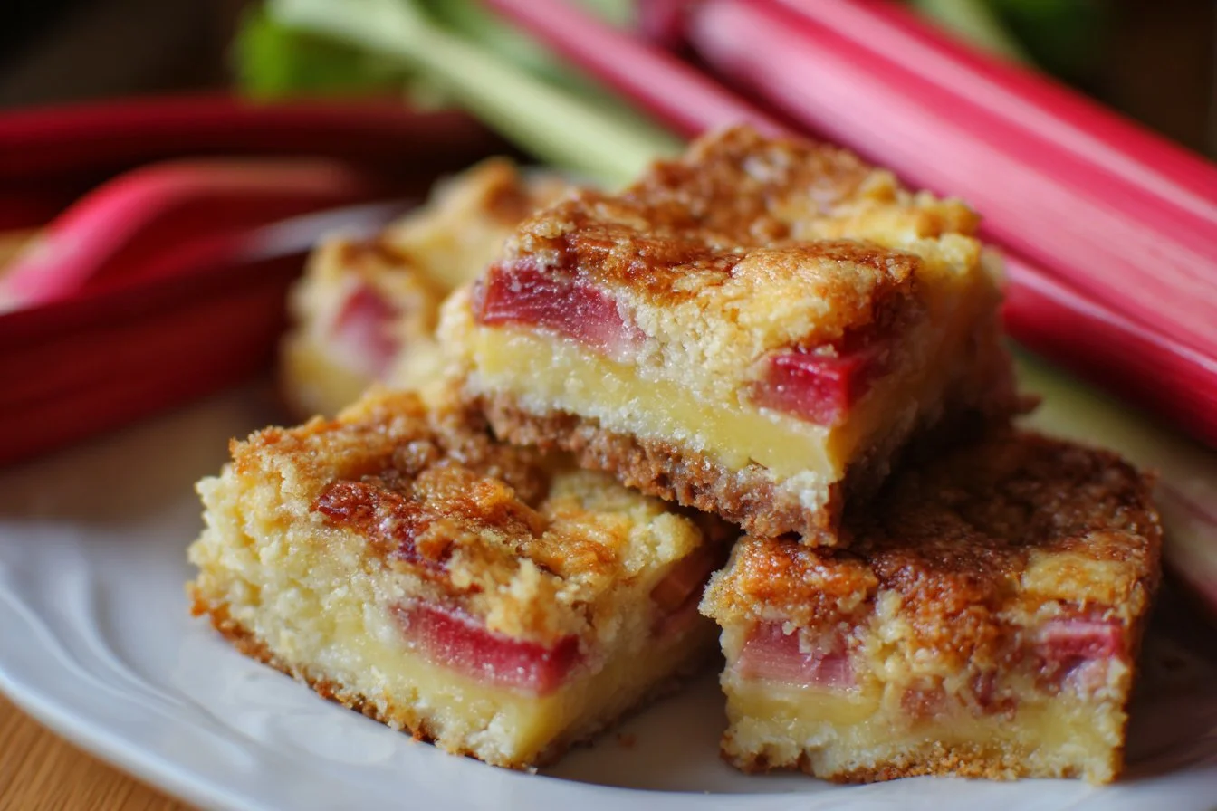 Delicious homemade rhubarb custard bars on a white plate