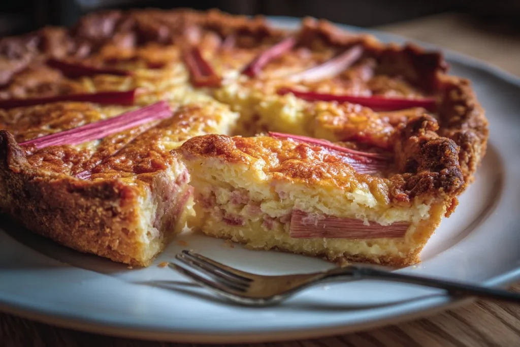Delicious homemade rhubarb custard pie with a golden crust and fresh rhubarb filling