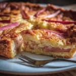Delicious homemade rhubarb custard pie with a golden crust and fresh rhubarb filling