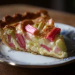 Homemade rhubarb custard pie with golden crust and fresh rhubarb filling.