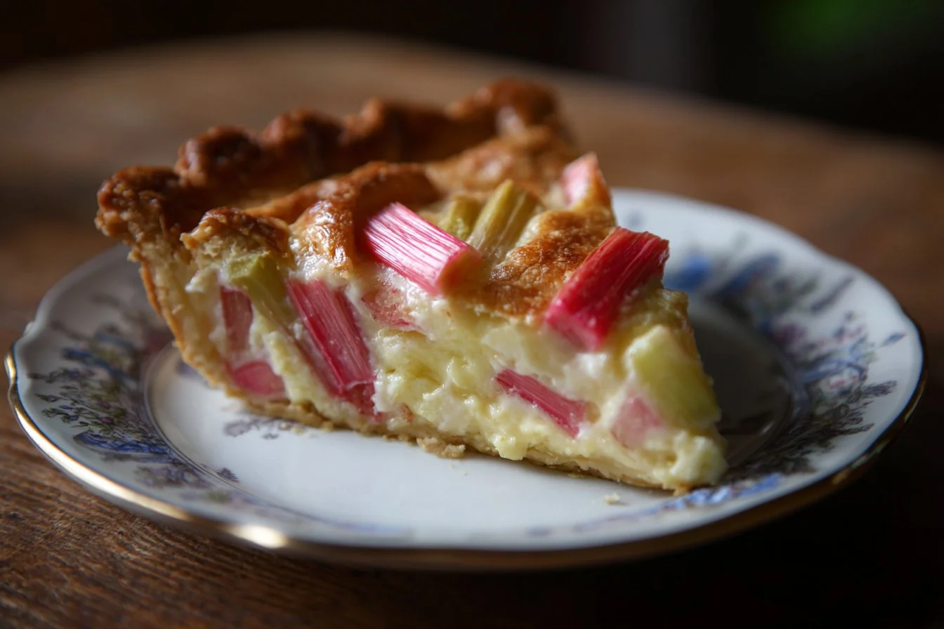 Homemade rhubarb custard pie with golden crust and fresh rhubarb filling.