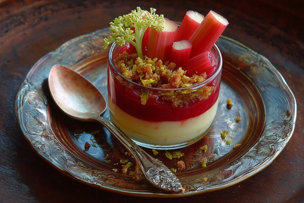 Delicious rhubarb dessert with fresh strawberries and whipped cream