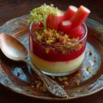 Delicious rhubarb dessert with fresh strawberries and whipped cream