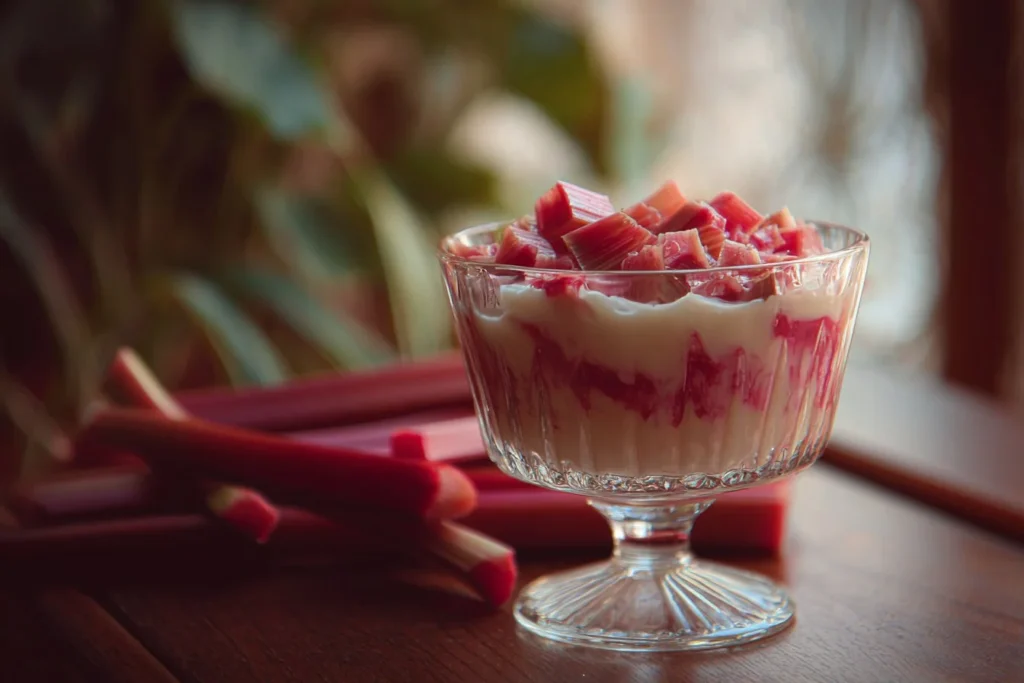 Delicious homemade rhubarb dessert with fresh rhubarb and a crumbly topping.