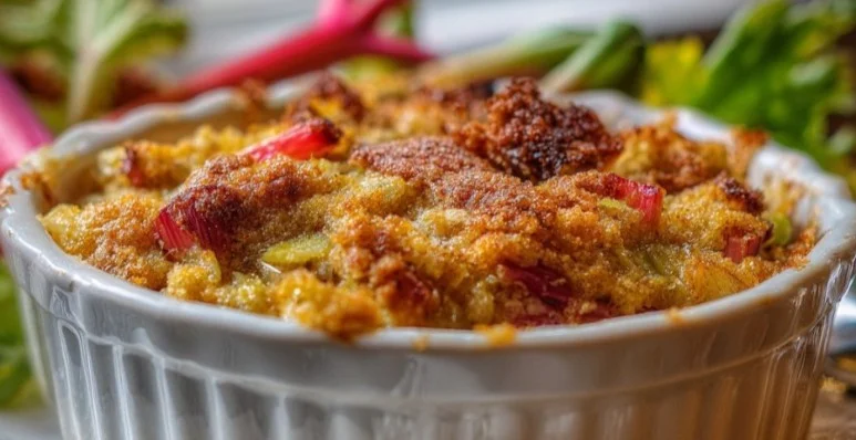 Delicious rhubarb dump cake served warm with whipped cream