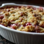 Deliciously baked Rhubarb Dump Cake topped with whipped cream
