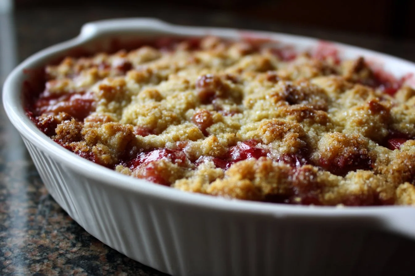 Deliciously baked Rhubarb Dump Cake topped with whipped cream