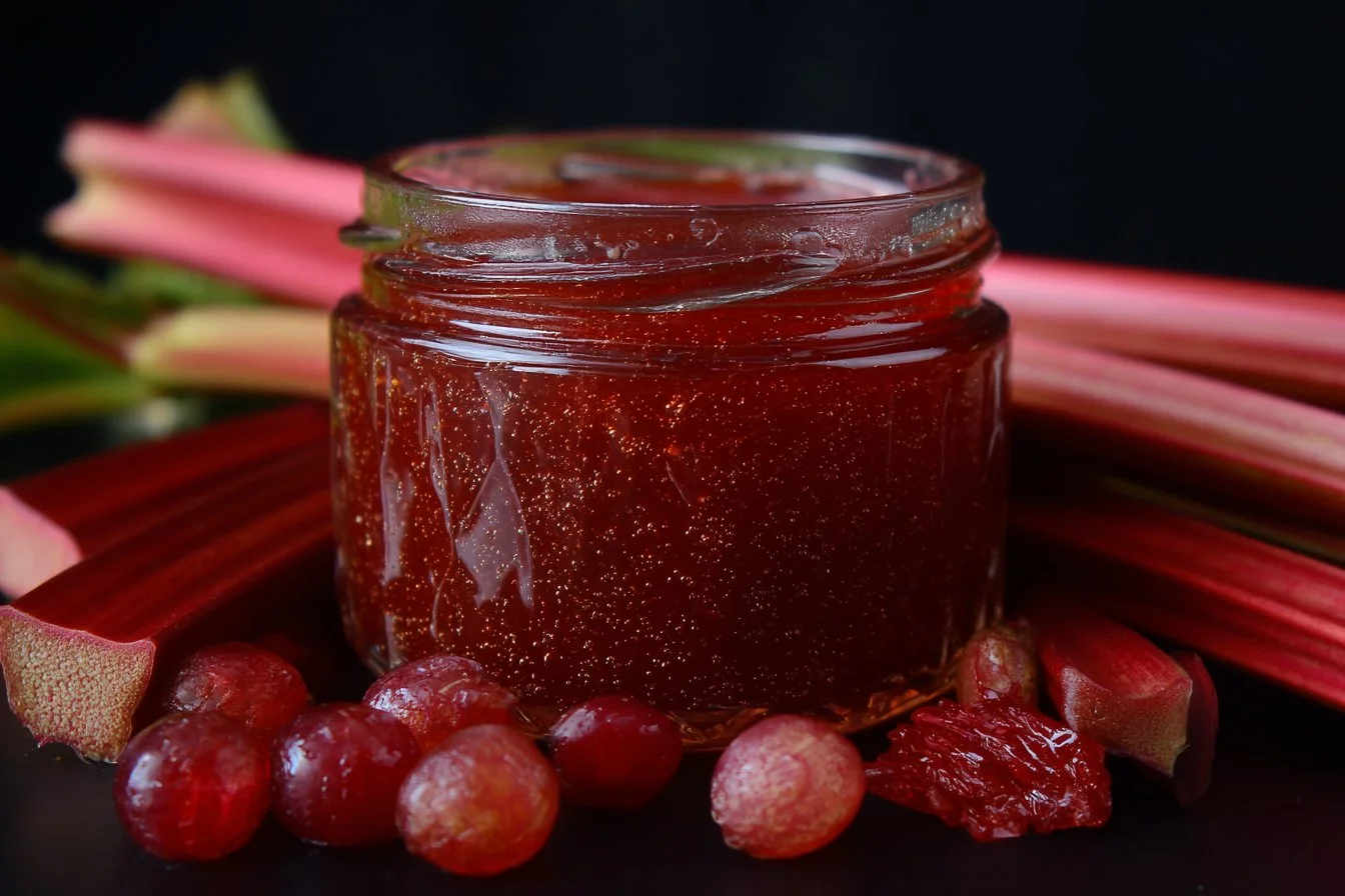 Homemade rhubarb jam jar with fresh rhubarb stalks.