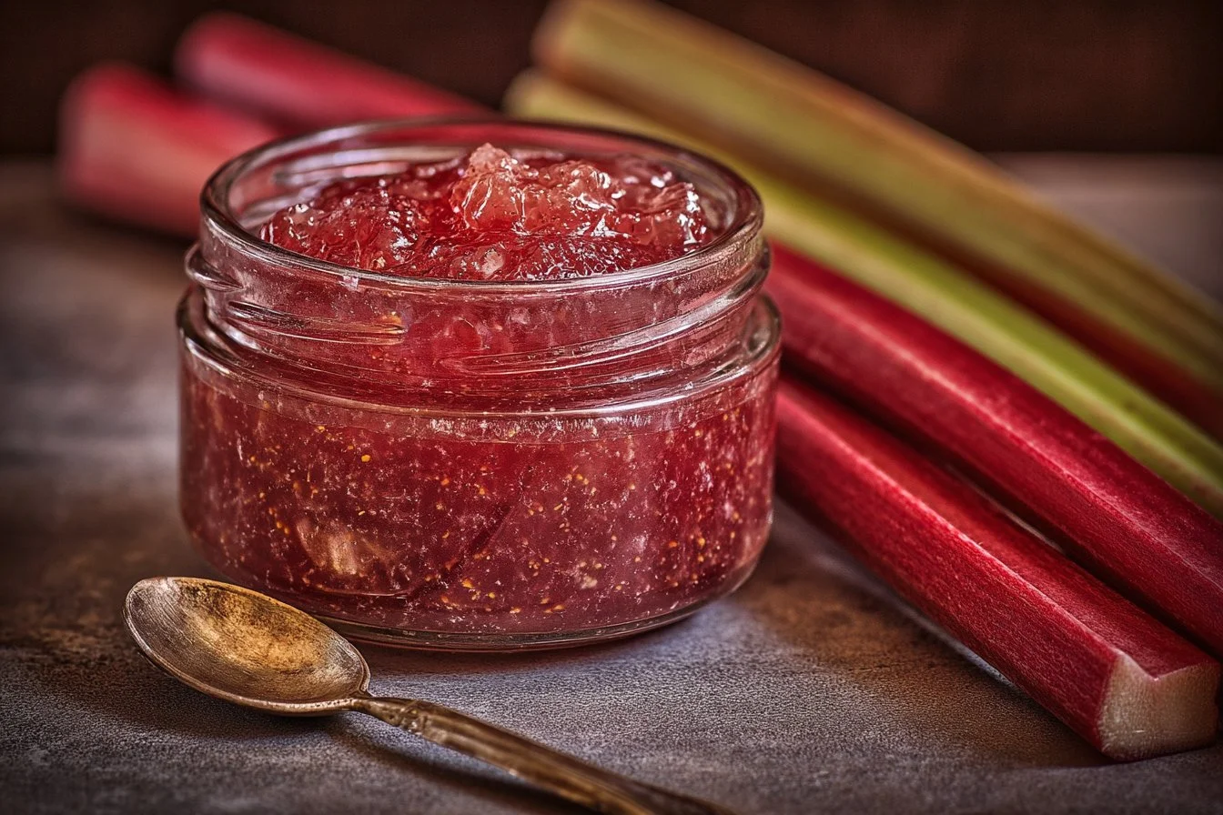Jars of homemade rhubarb jam with fresh rhubarb stalks.