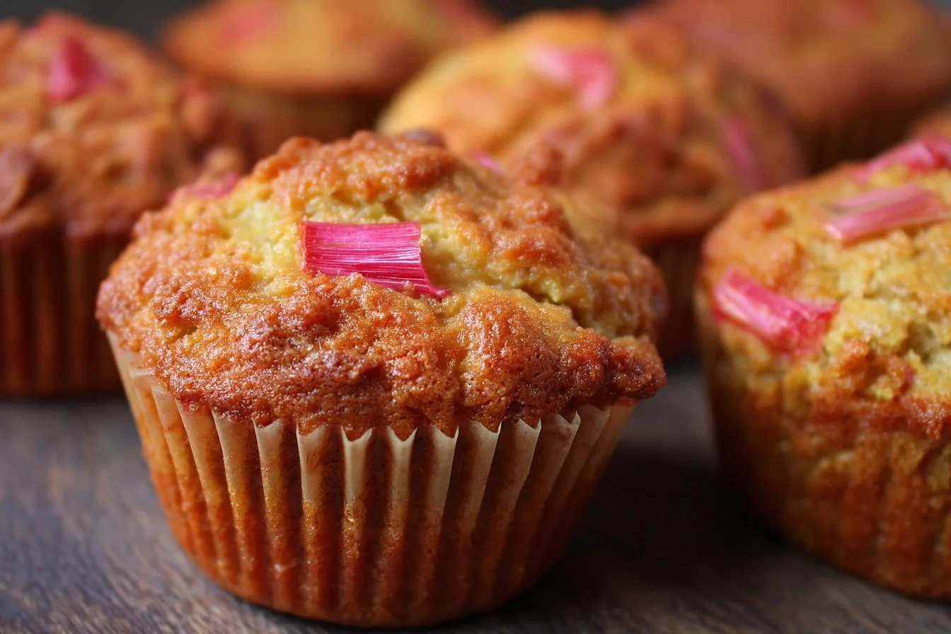 Delicious rhubarb muffins fresh out of the oven, topped with a sprinkle of sugar.