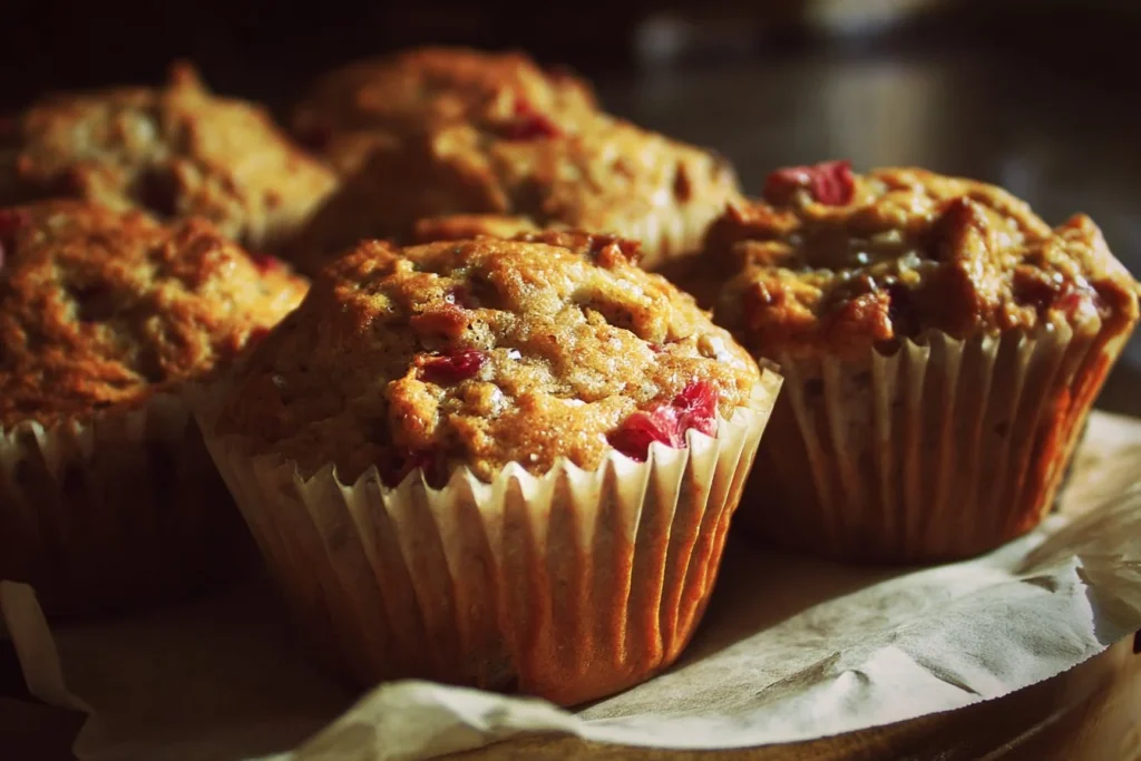 Freshly baked rhubarb muffins on a wooden table