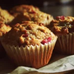 Freshly baked rhubarb muffins on a wooden table